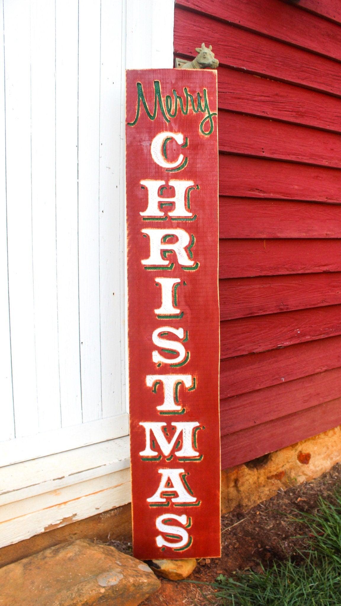 Large Merry Christmas Sign - Vertical - Red Background