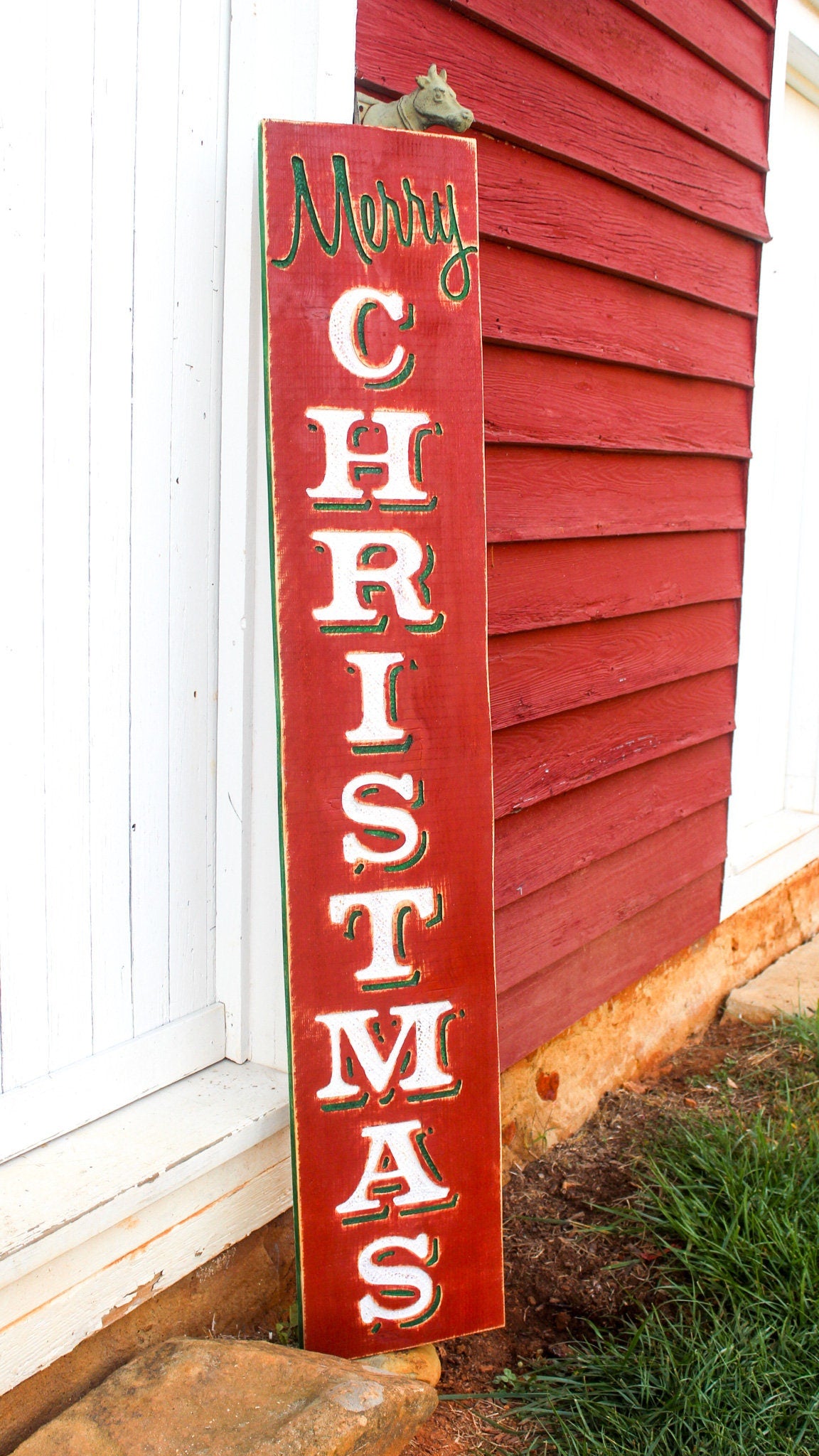 Large Merry Christmas Sign - Vertical - Red Background