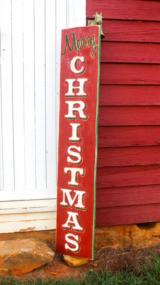 Large Merry Christmas Sign - Vertical - Red Background