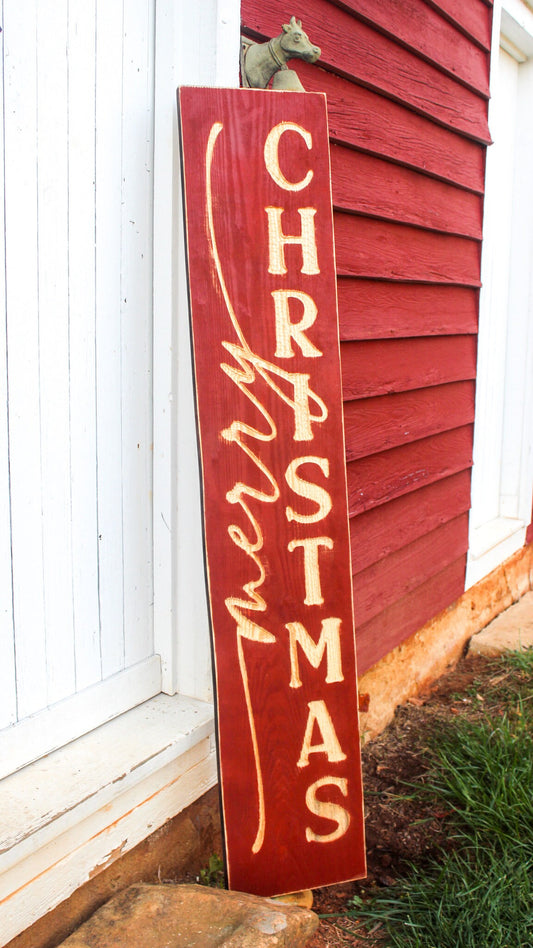 Large Merry Christmas Sign - Vertical - Red Background with Natural Lettering