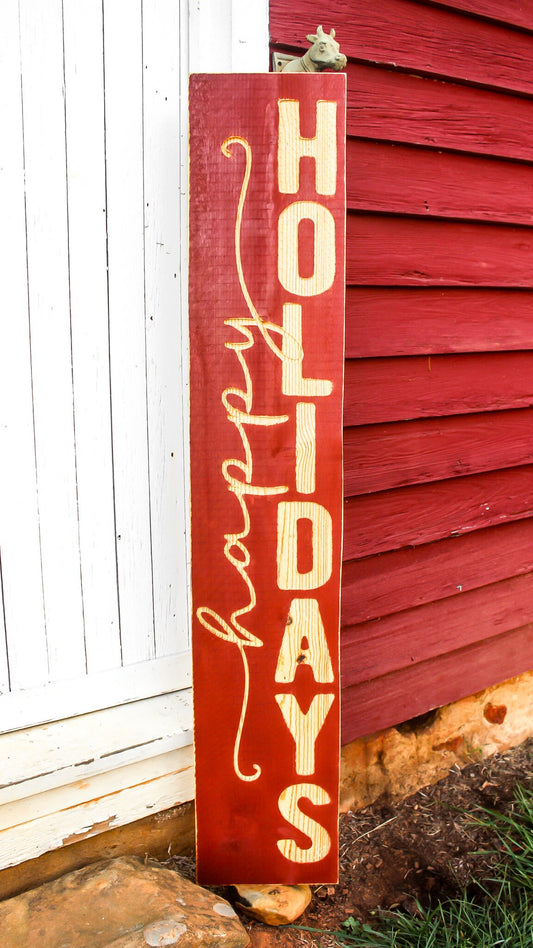 Large Happy Holidays Sign - Vertical - Red Background with Natural Lettering