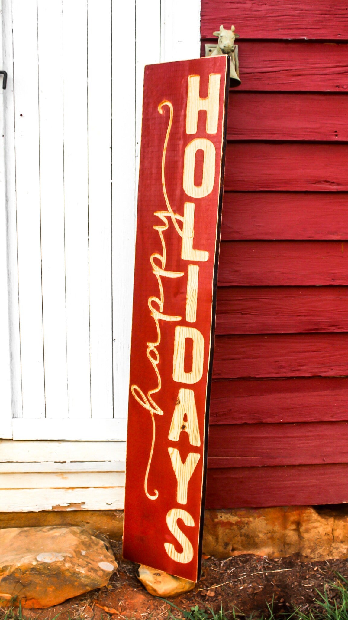 Large Happy Holidays Sign - Vertical - Red Background with Natural Lettering